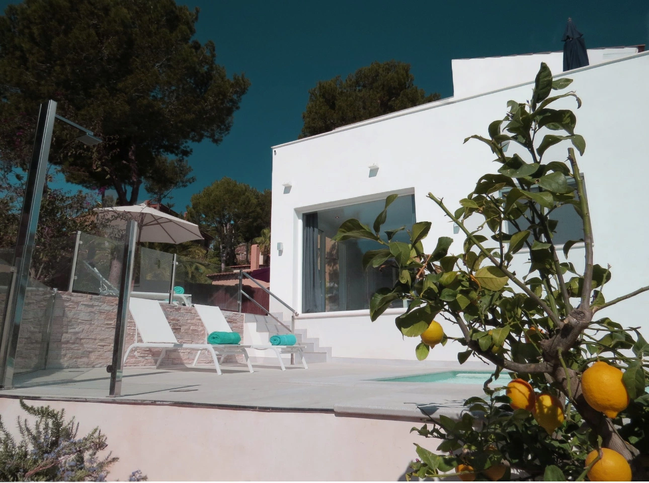 Sicht auf den Poolbereich der Villa Oliva auf der Poolterrasse