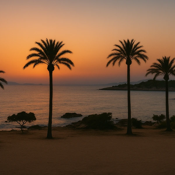 Untergehende Sonne an einem Strand auf Mallorca an der Costa de la Calma