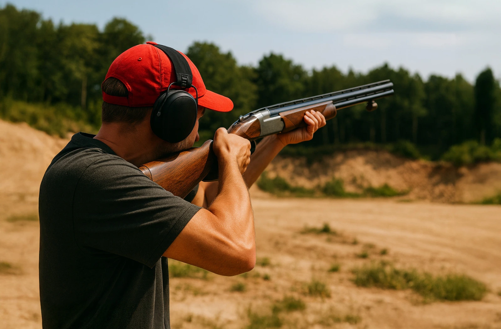 Schütze mit angelegter Flinte beim Skeet Tontauben Trap schiessen auf Mallorca